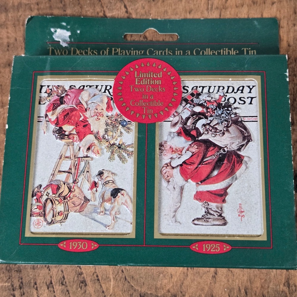 Saturday Evening Post Christmas Santa Playing Cards 2 Decks Collectible Tin NEW
